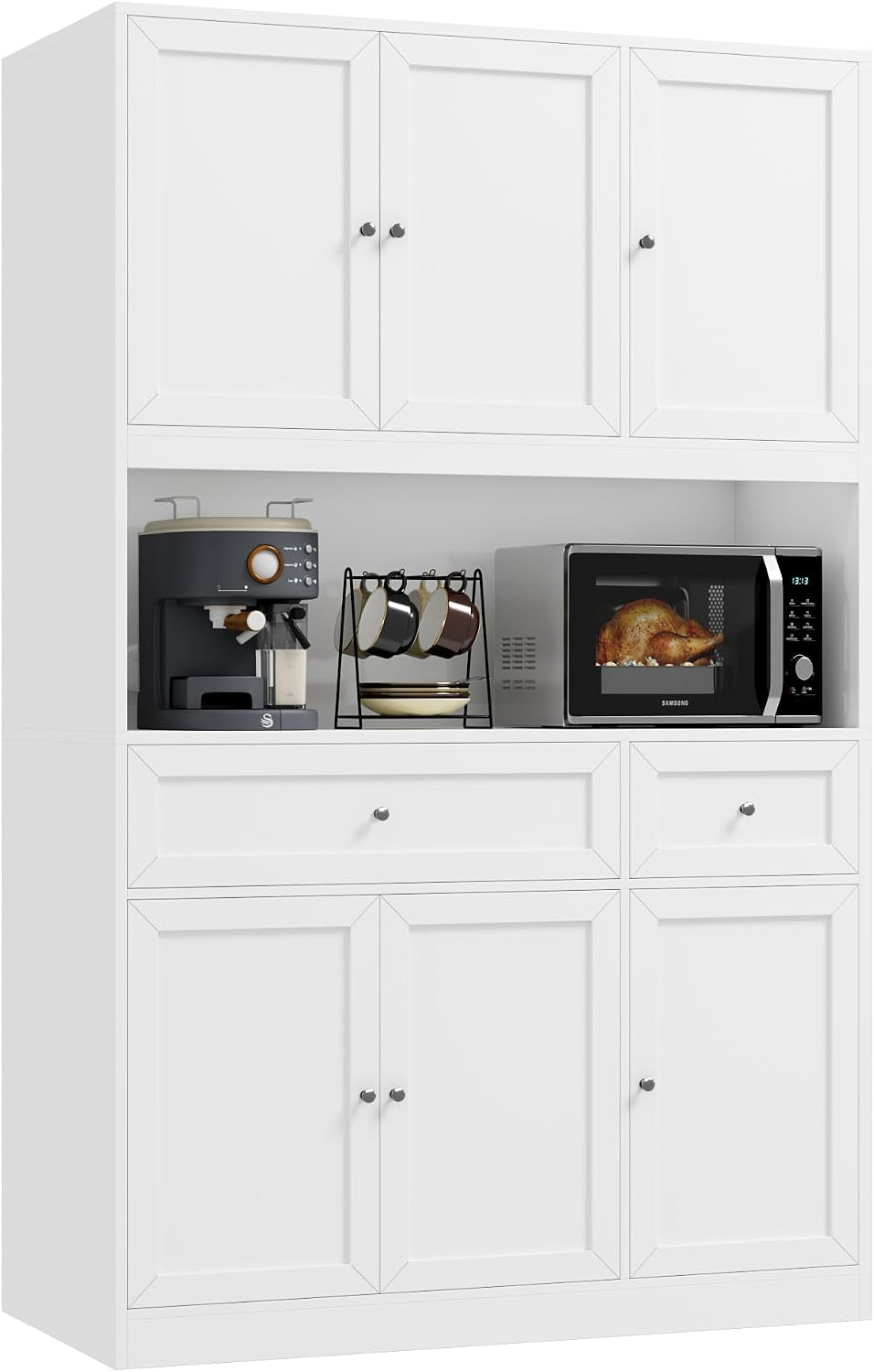 Tall white kitchen hutch with upper cabinets, open microwave shelf, two drawers and lower doors.