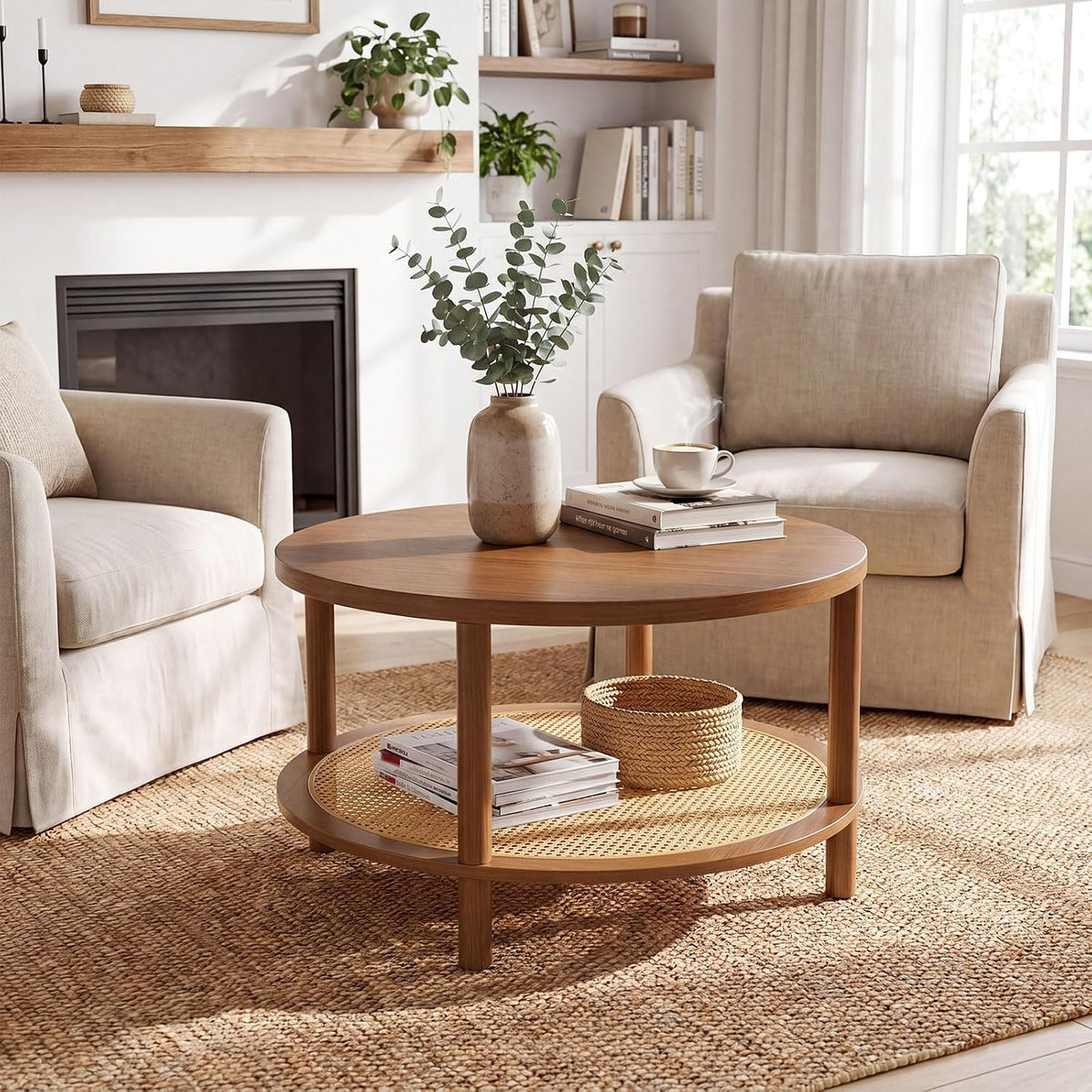 Brown round rattan coffee table styled in living room with armchair and fireplace in background