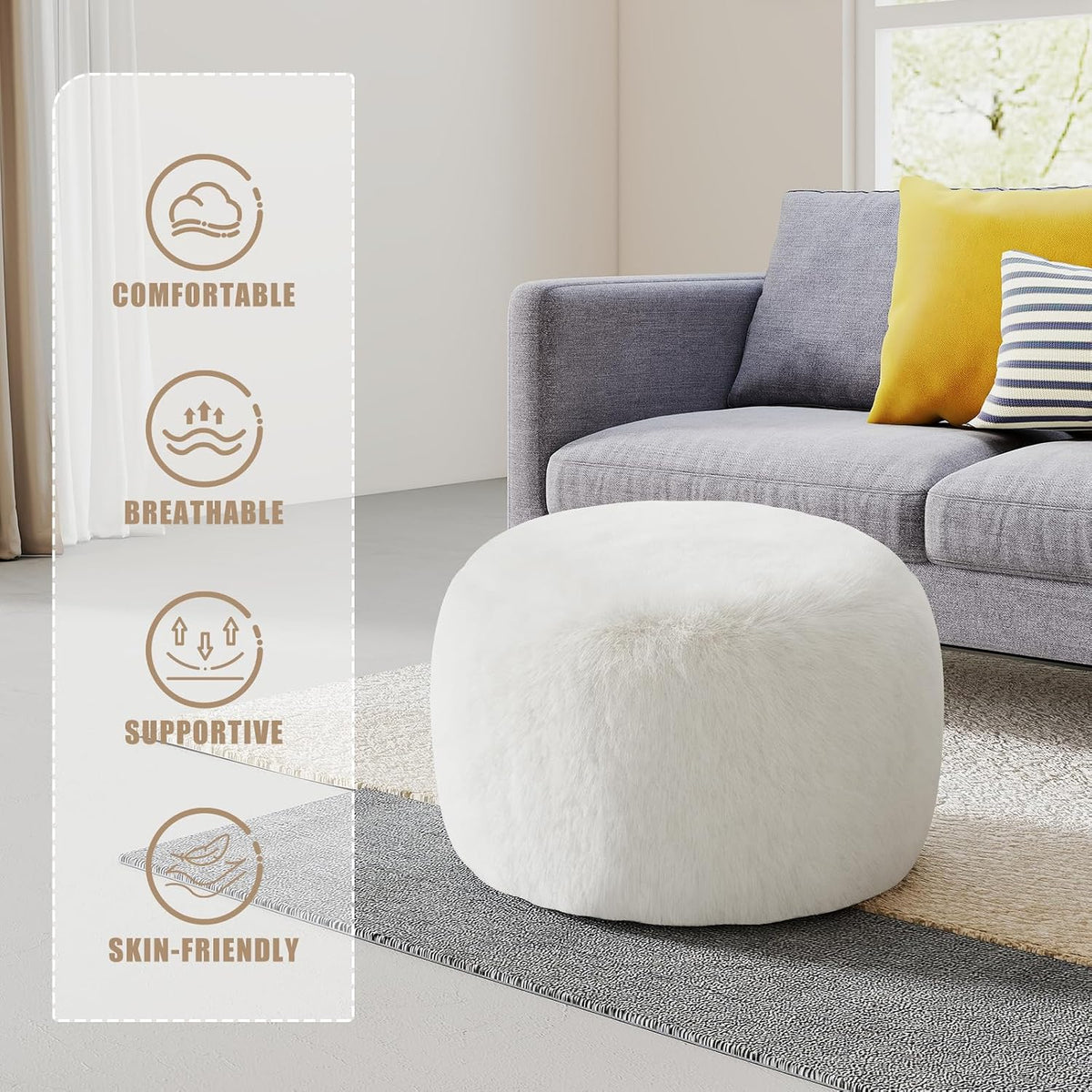 White pouf with icons and text: Comfortable, Breathable, Supportive, Skin-friendly
