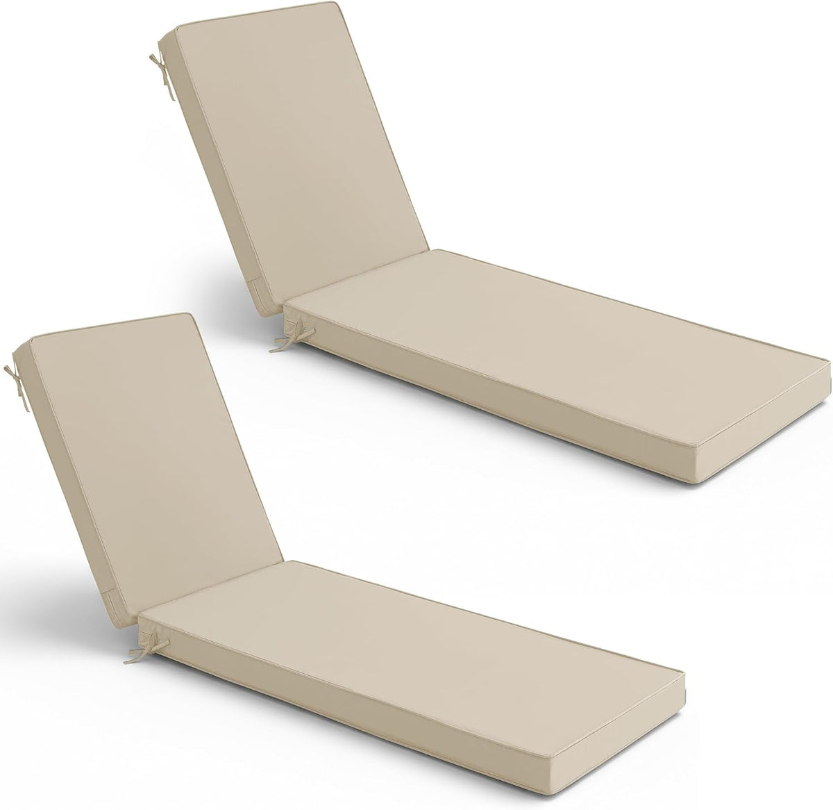 Two beige chaise cushions displayed at different angles with one backrest propped.