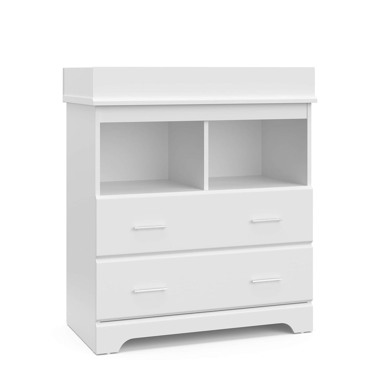 White 2-drawer changing chest with two open cubbies and removable changing topper, three-quarter front view