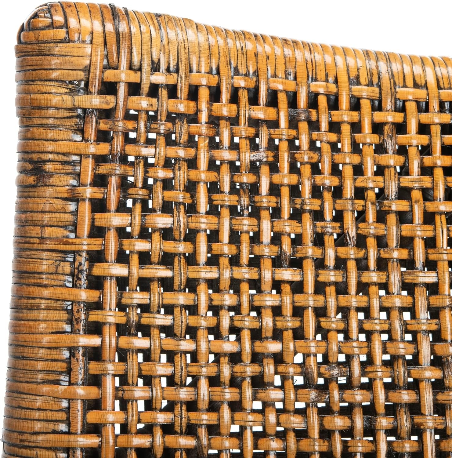 Tight close-up of hand-woven rattan weave with warm honey and darker accents.