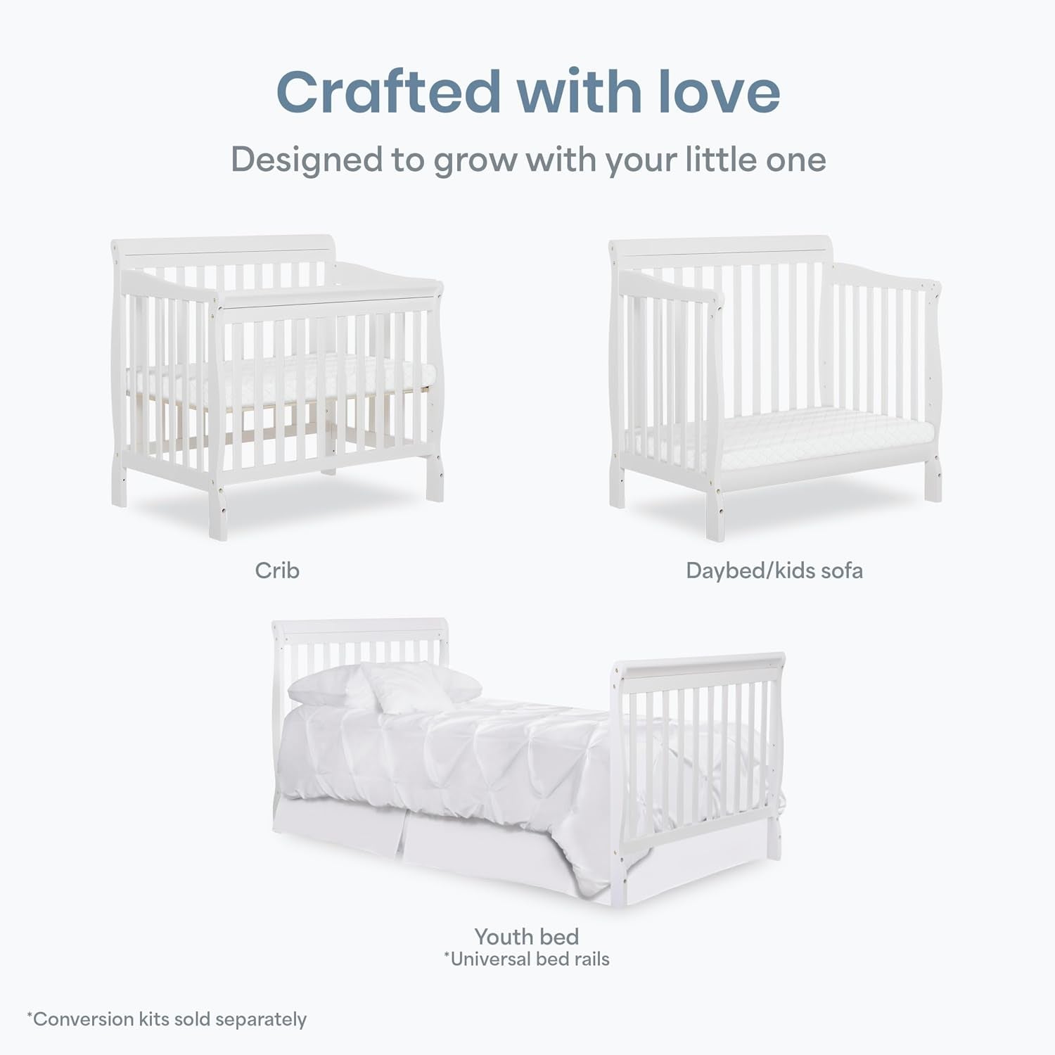 Three small images showing the white crib as a crib, a daybed/kids sofa, and a youth bed conversion