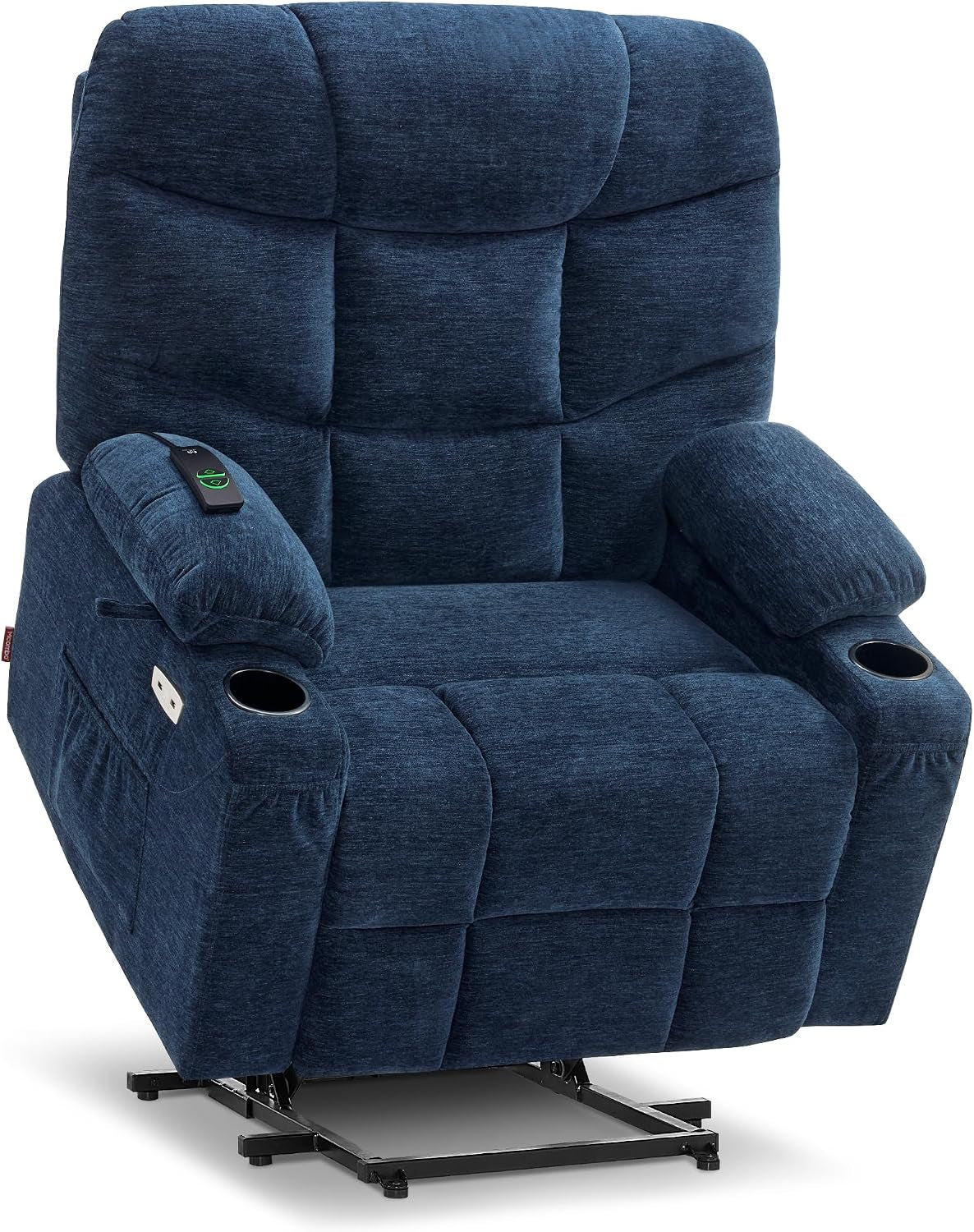 Navy-blue fabric power lift recliner angled to show cup holders, remote and metal lift base.