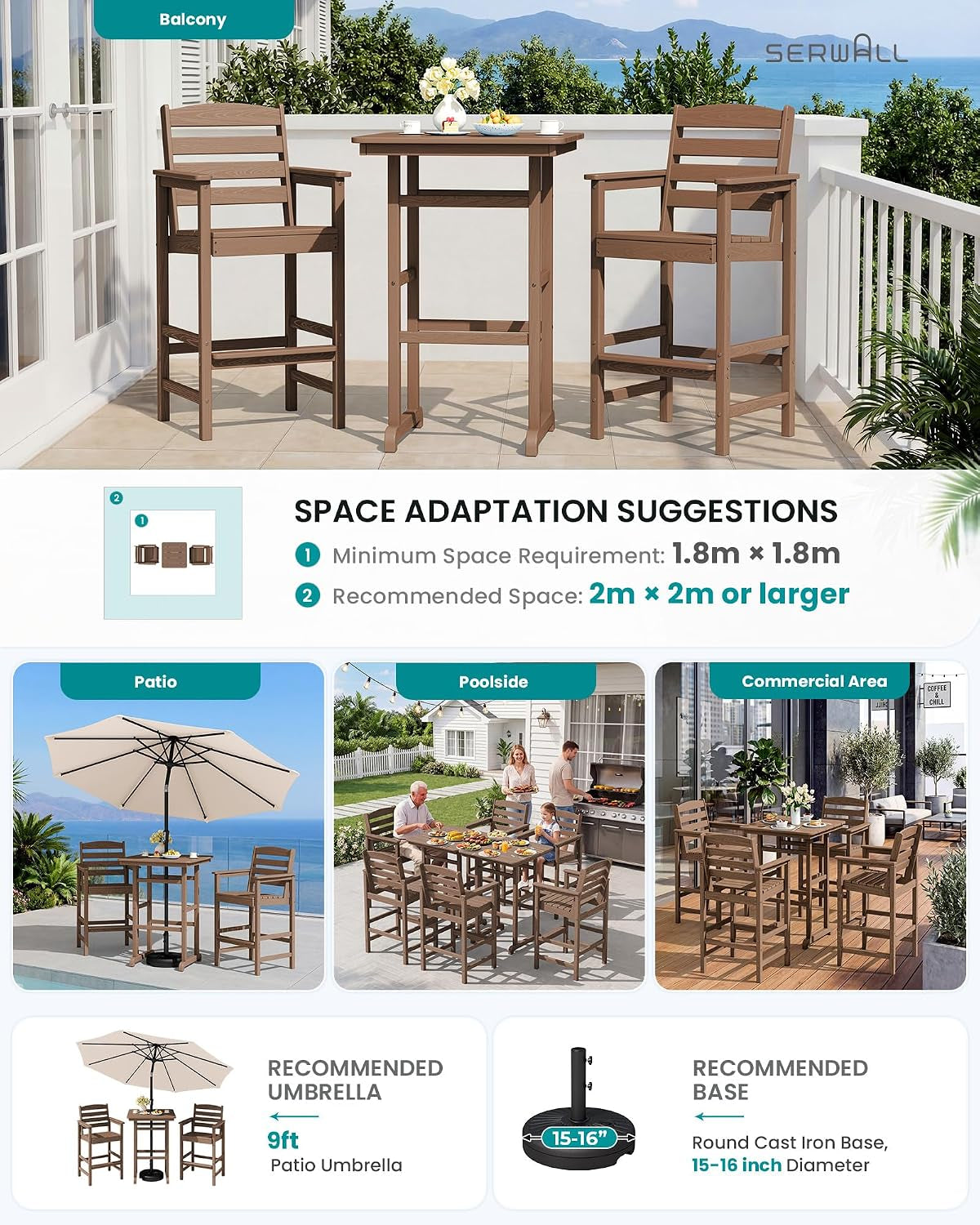 Balcony staging of two bar chairs and a square table on a terrace with space recommendation graphics and environment
