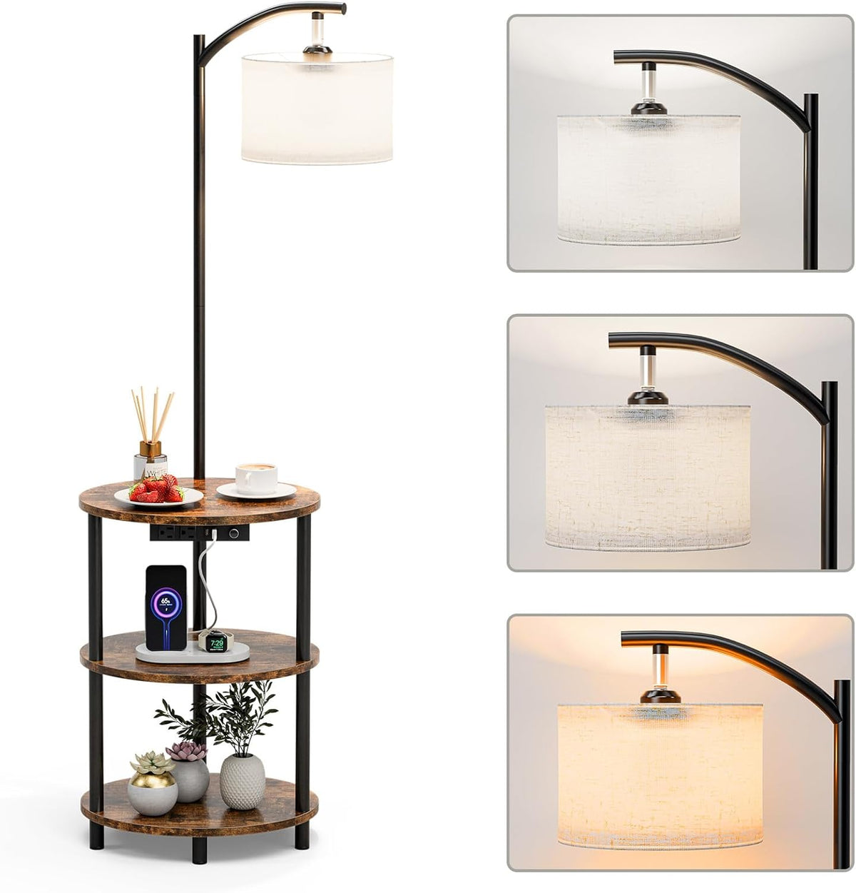 Round three-tier brown wood table with an attached arc floor lamp and three inset closeups of the lamp shade.