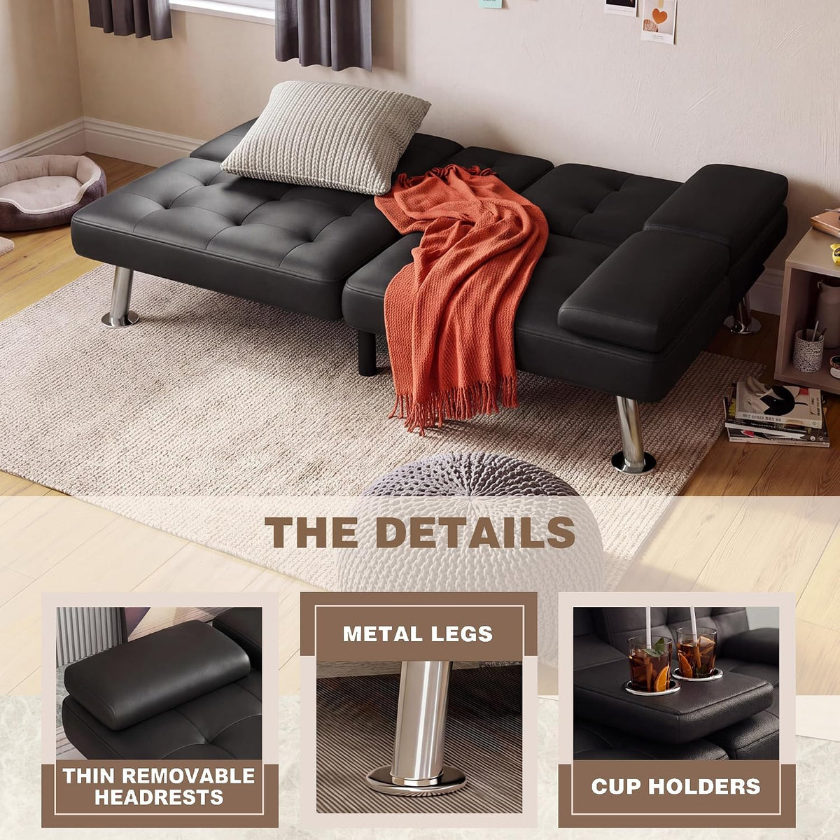 Close-up collage of black futon cushions, chrome-plated legs and cup holders.
