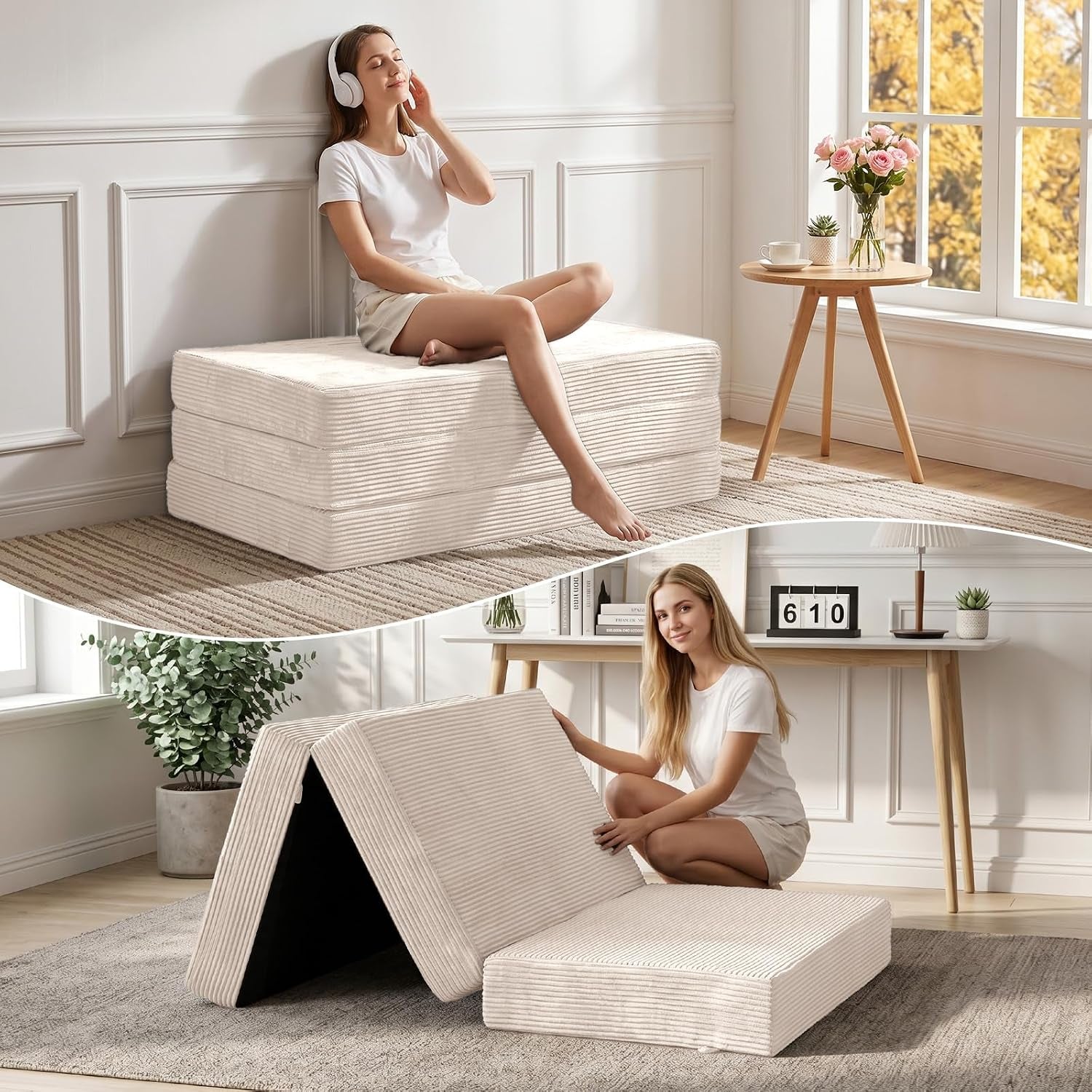 Light beige tri-fold mattress used as a bench by a woman and folded into a triangle beside her on a rug.