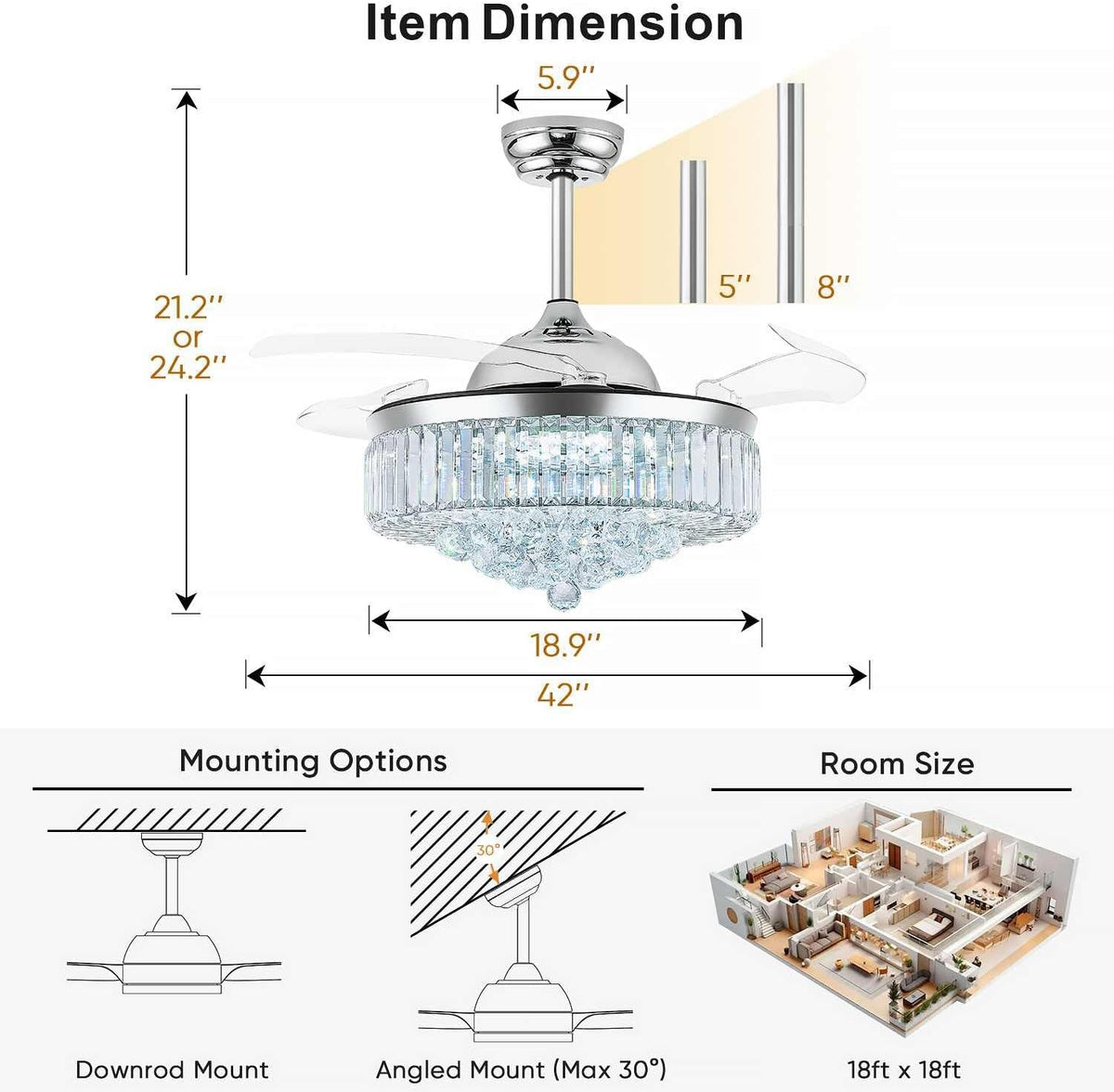 Side view of the fan with measuring arrows and diagrams showing downrod options and recommended room size illustration.