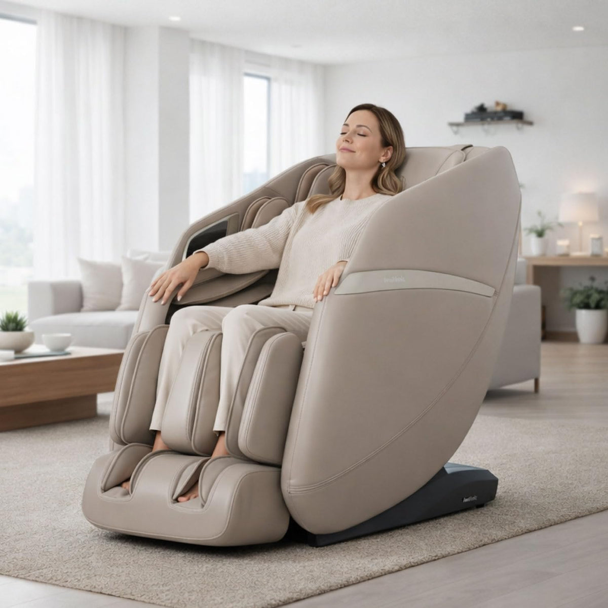 Woman with eyes closed seated in a beige massage chair with legrests, placed on a rug in a bright modern living room.