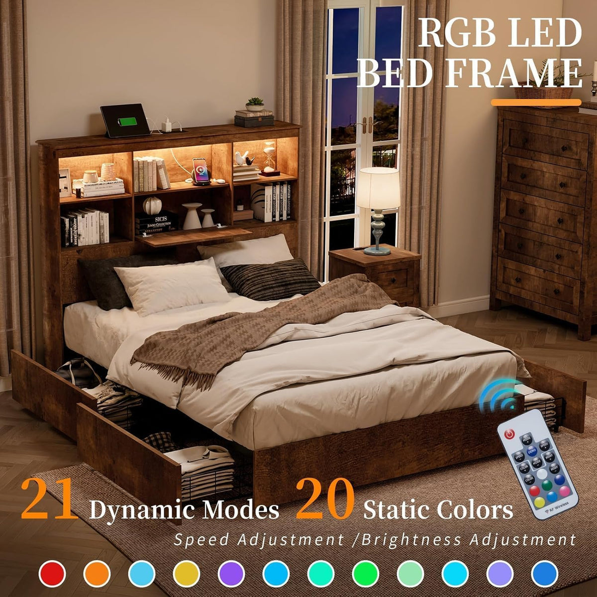 Bedroom scene with brown queen bed frame showing RGB LED lighting in the headboard and under-bed storage with remote shown.