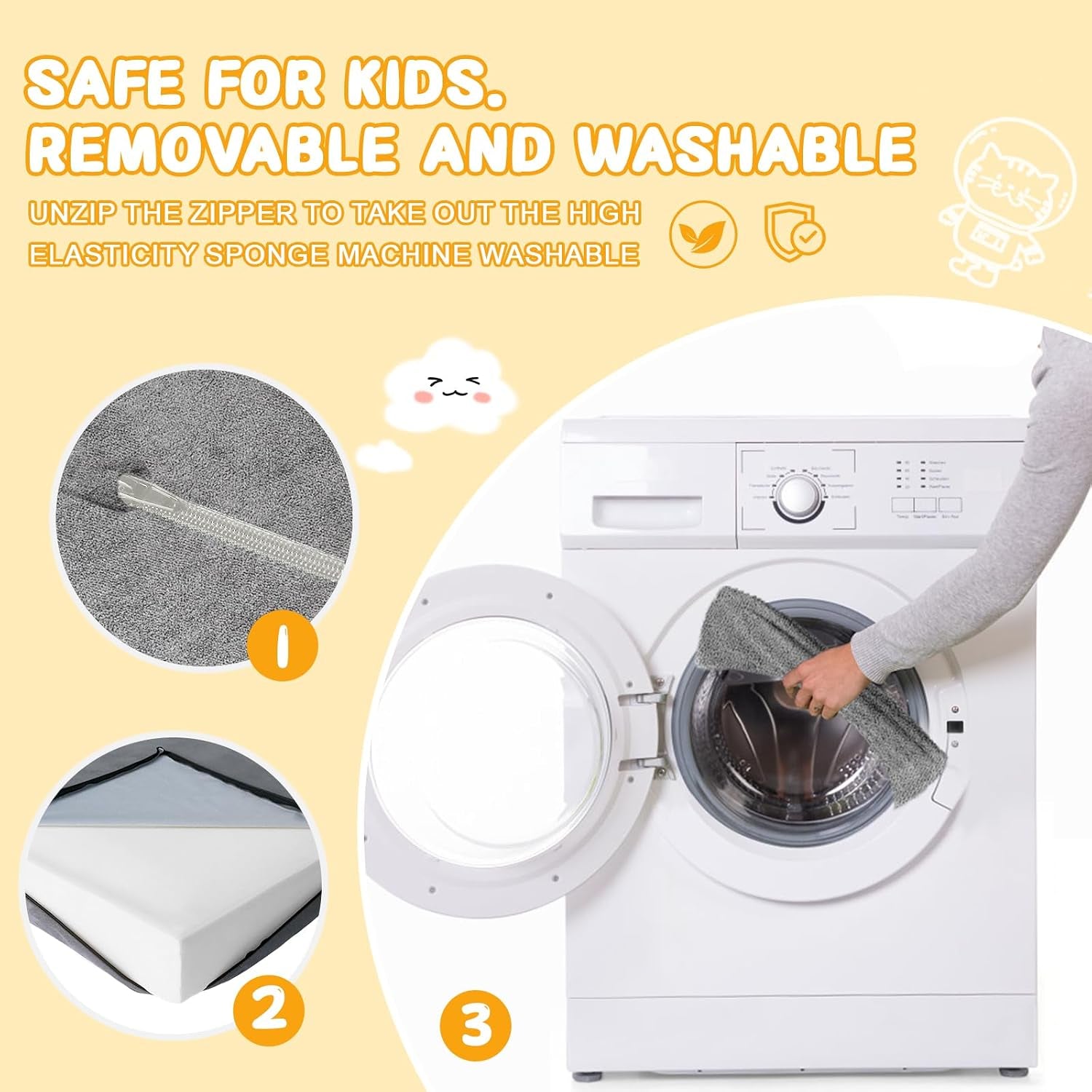 Person placing a removable gray cover into a front-loading washing machine with inset circles showing zipper and foam corner.