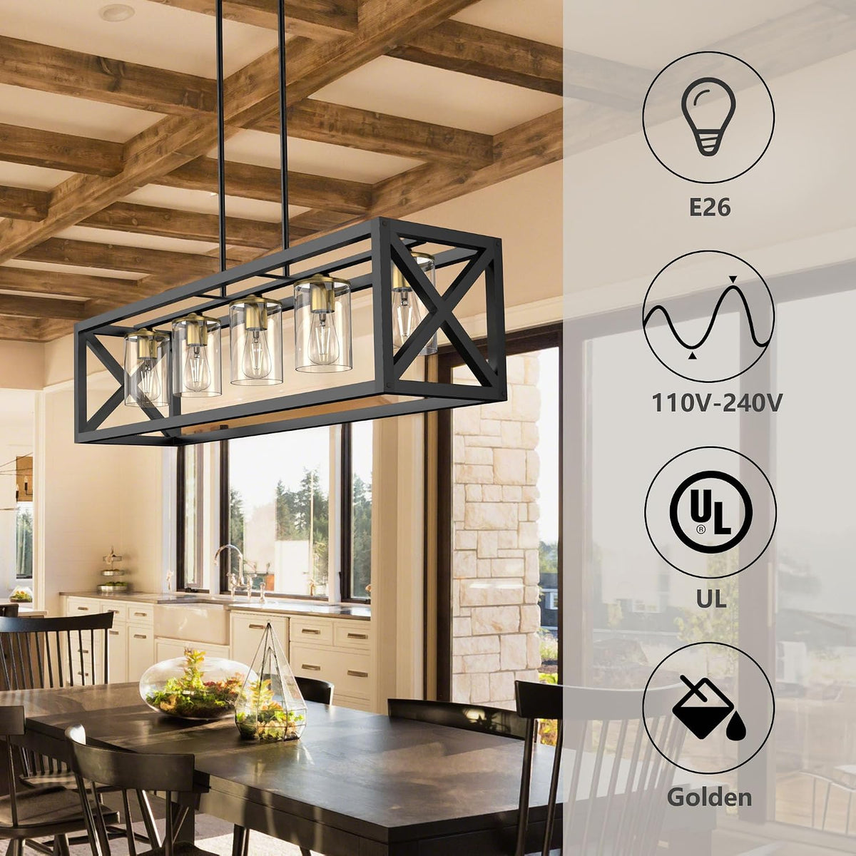 Black farmhouse-style rectangular pendant suspended over a kitchen dining table, angled side view
