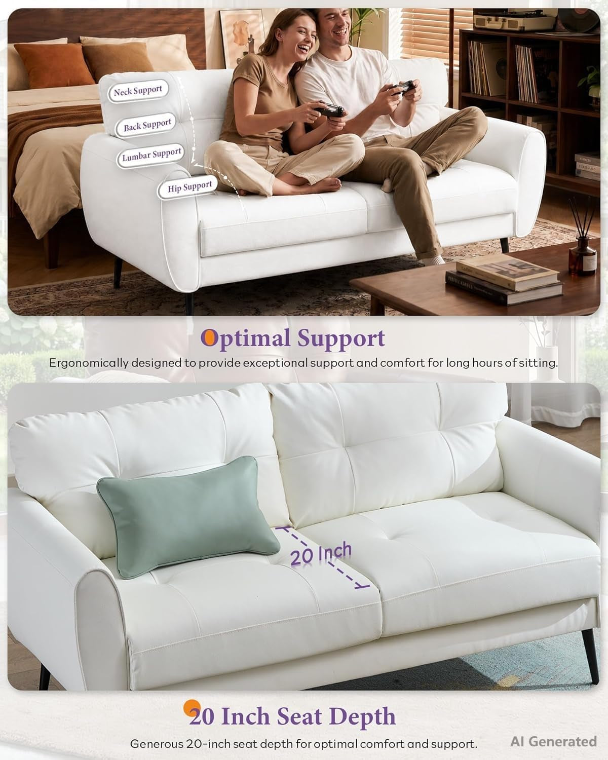White tufted loveseat with two people seated playing video games showing tufted back and seating area