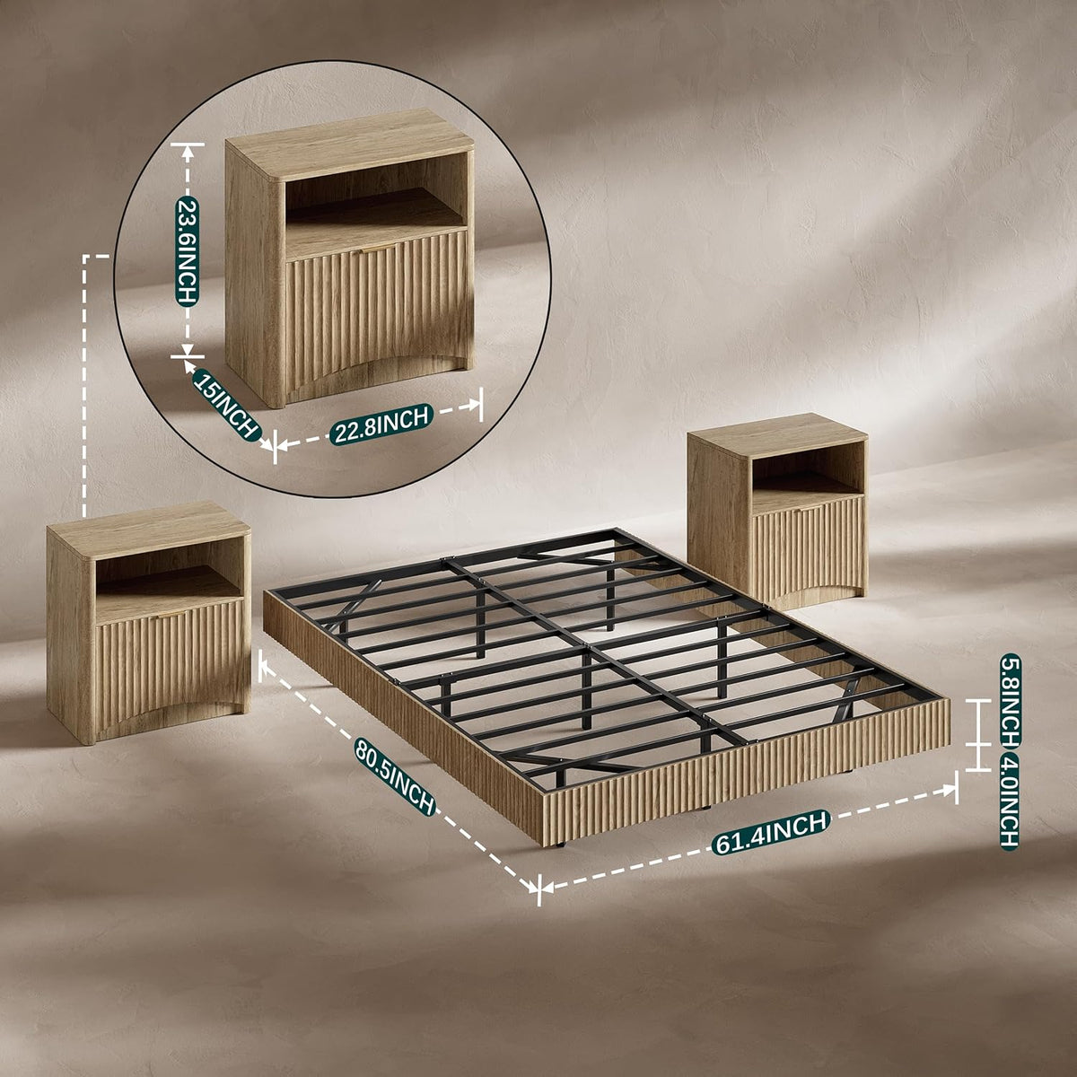 Exploded view of the floating bed frame and two fluted nightstands with dimensional callouts and steel slat frame