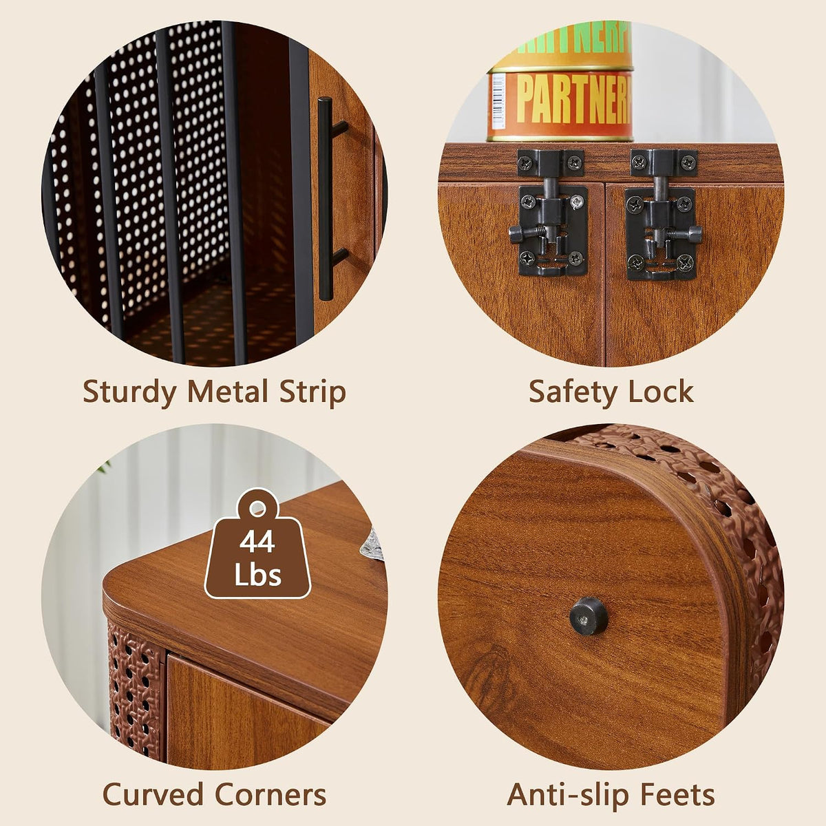 Close-up feature collage showing metal bars, safety locks, curved corner top, and anti-slip feet on walnut finish