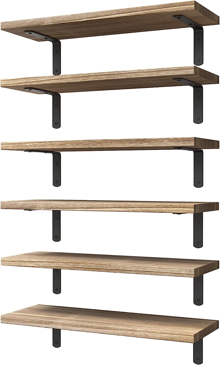 Rustic brown wood floating shelves with black L-brackets shown stacked in a front angled view
