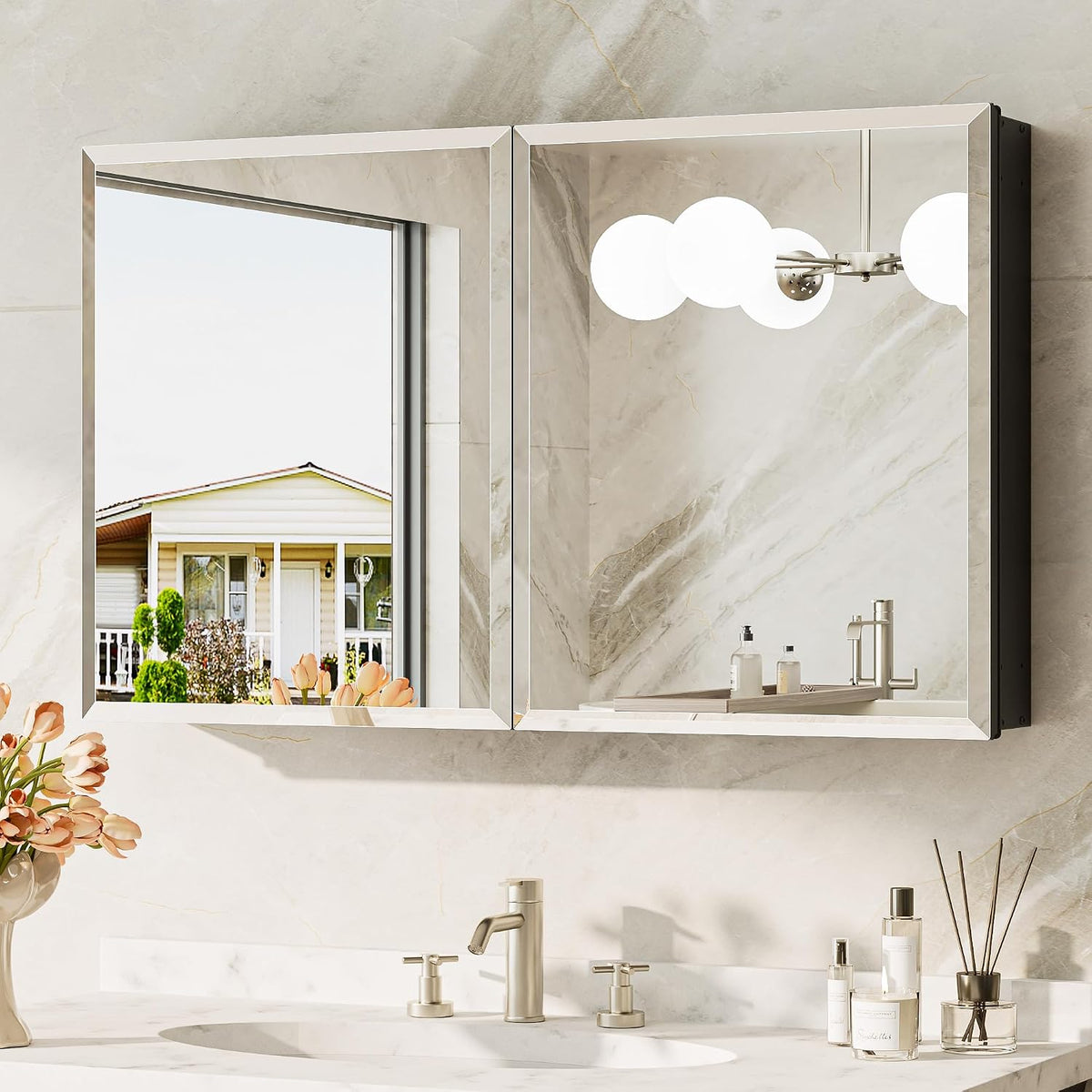 Wider side view of two mirrored cabinets showing the dark recessed side panel on the right and countertop decor.
