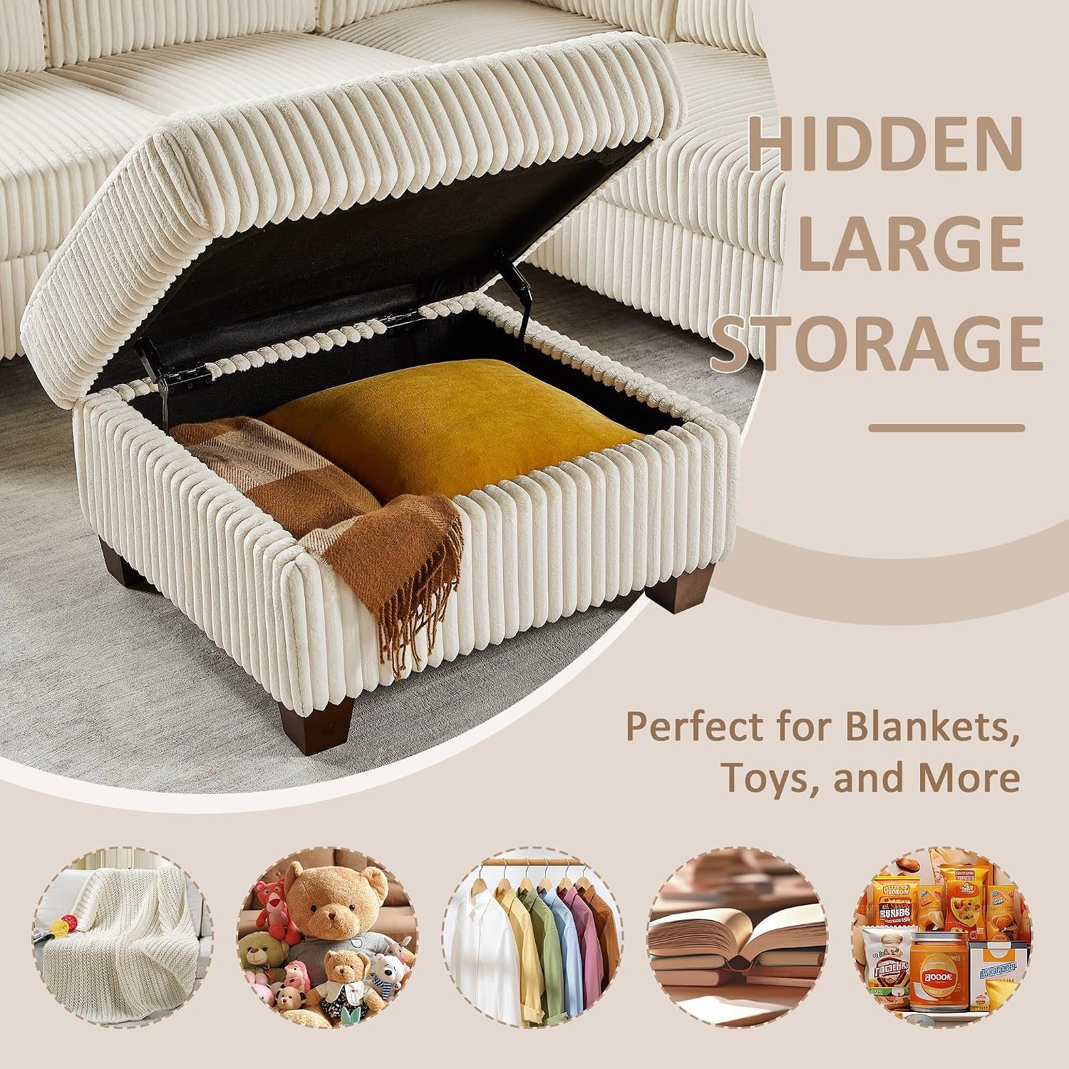 Open storage ottoman in beige corduroy showing hidden interior storage with blankets inside
