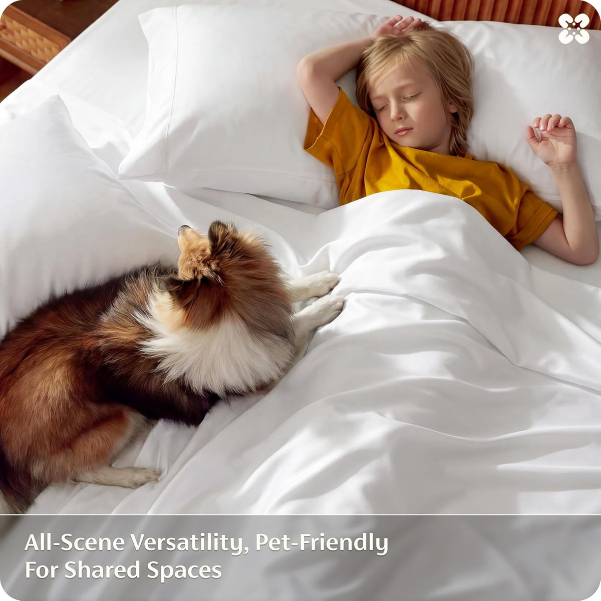 Overhead view of a child sleeping beside a dog on white sheets and pillows.