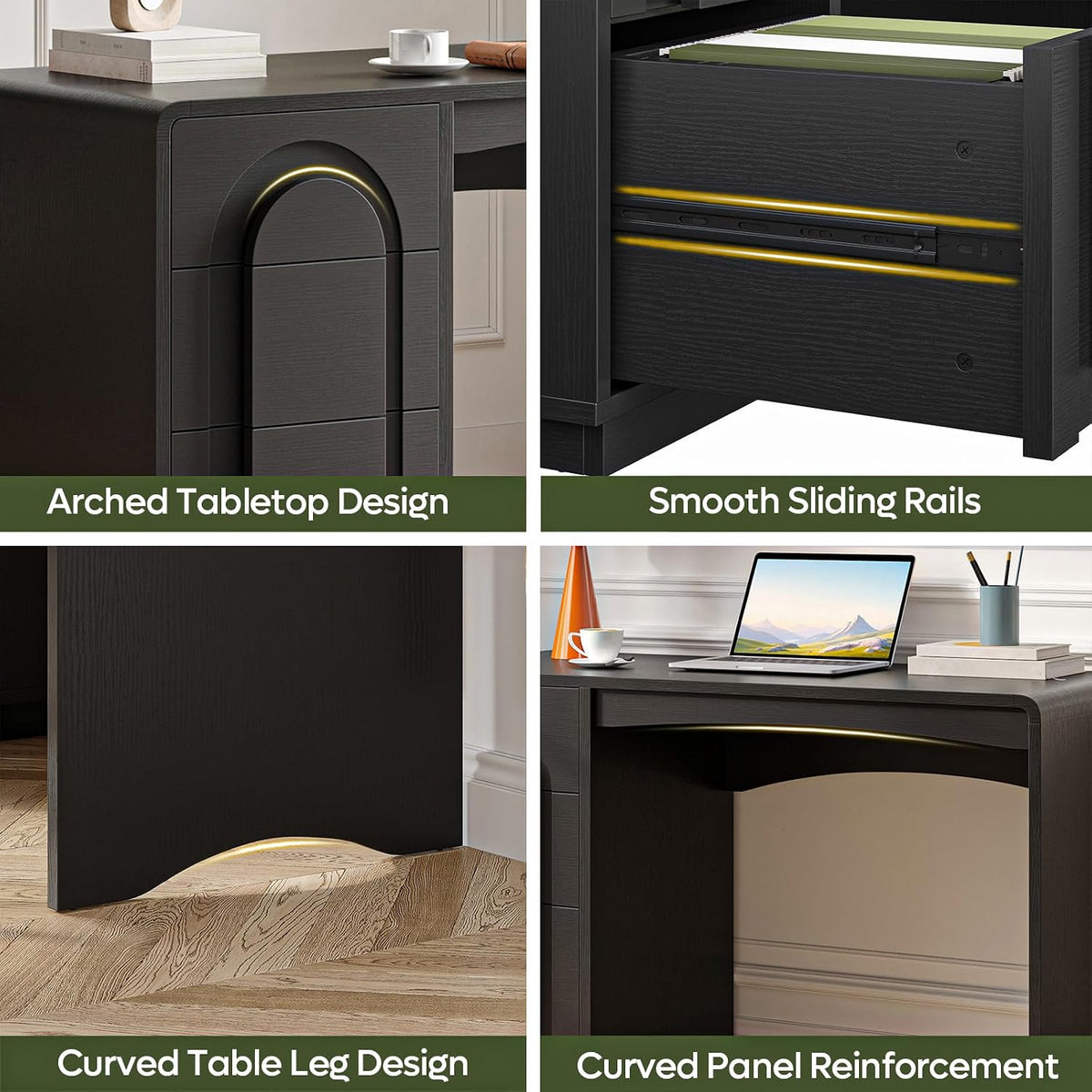 Four-panel close-ups showing arched tabletop, smooth sliding drawer rails, curved table leg and curved panel reinforcement