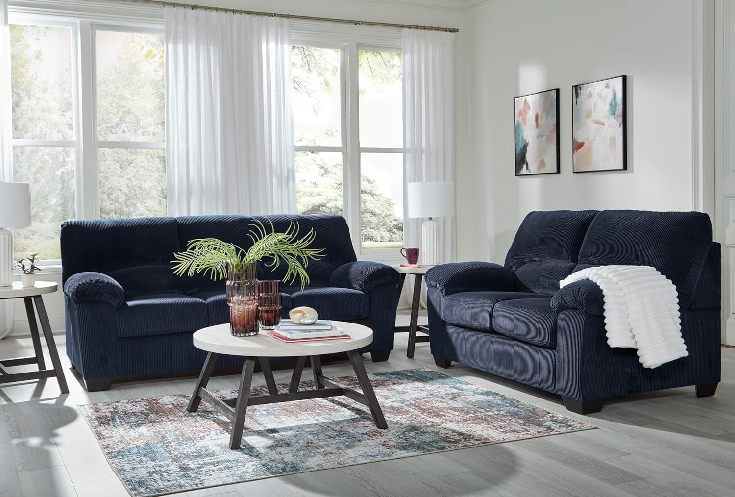 Signature Design by Ashley Sofa, 83-In Navy Corduroy, Anti-Sag Platform | No Assembly Required, Anti-Sag Platform Foundation, Plush Fiber-Wrapped Foam Cushions, Fits 32-In Doorways, Simplejoy Series