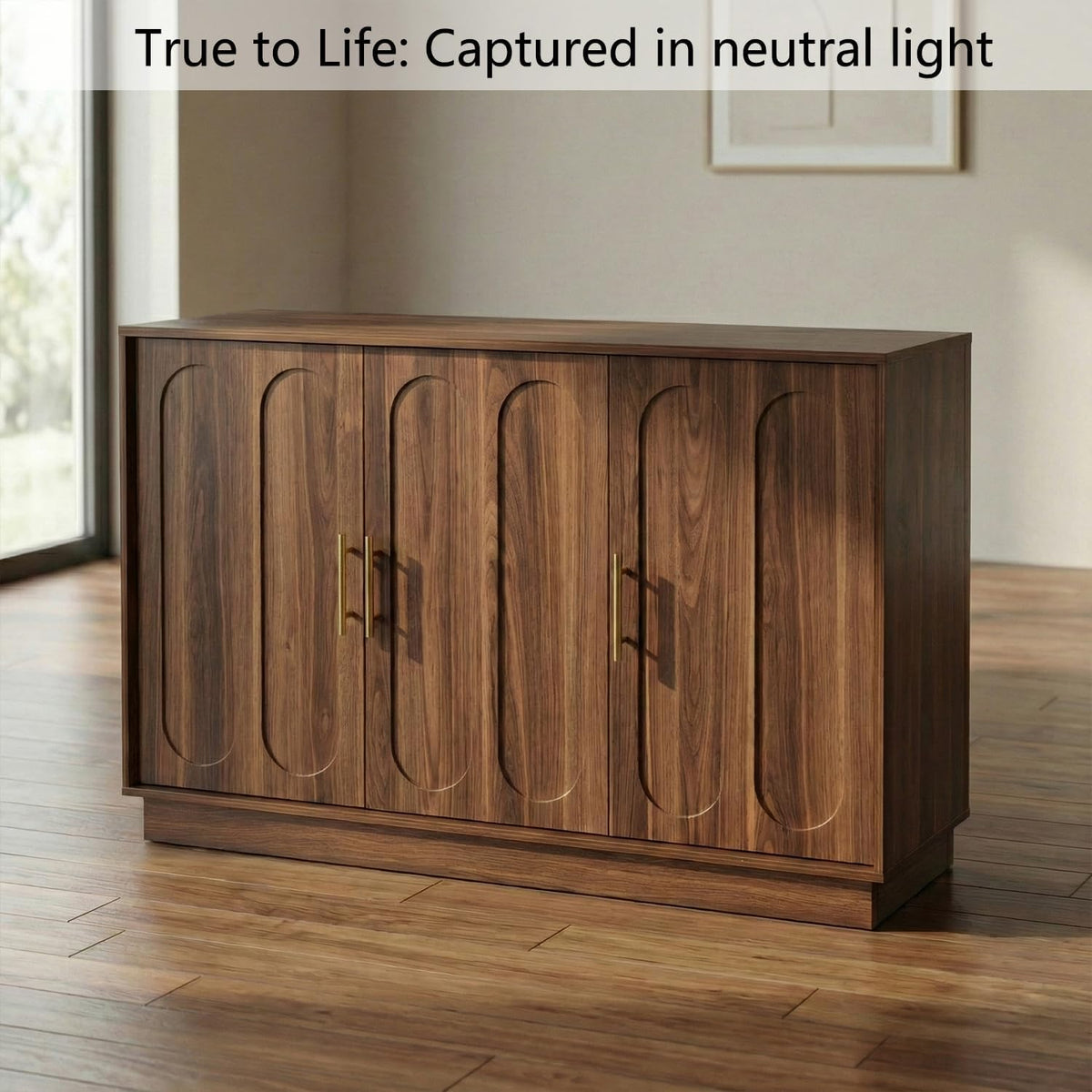Isolated studio photo of the three-door wood sideboard highlighting fluted door fronts and gold handles