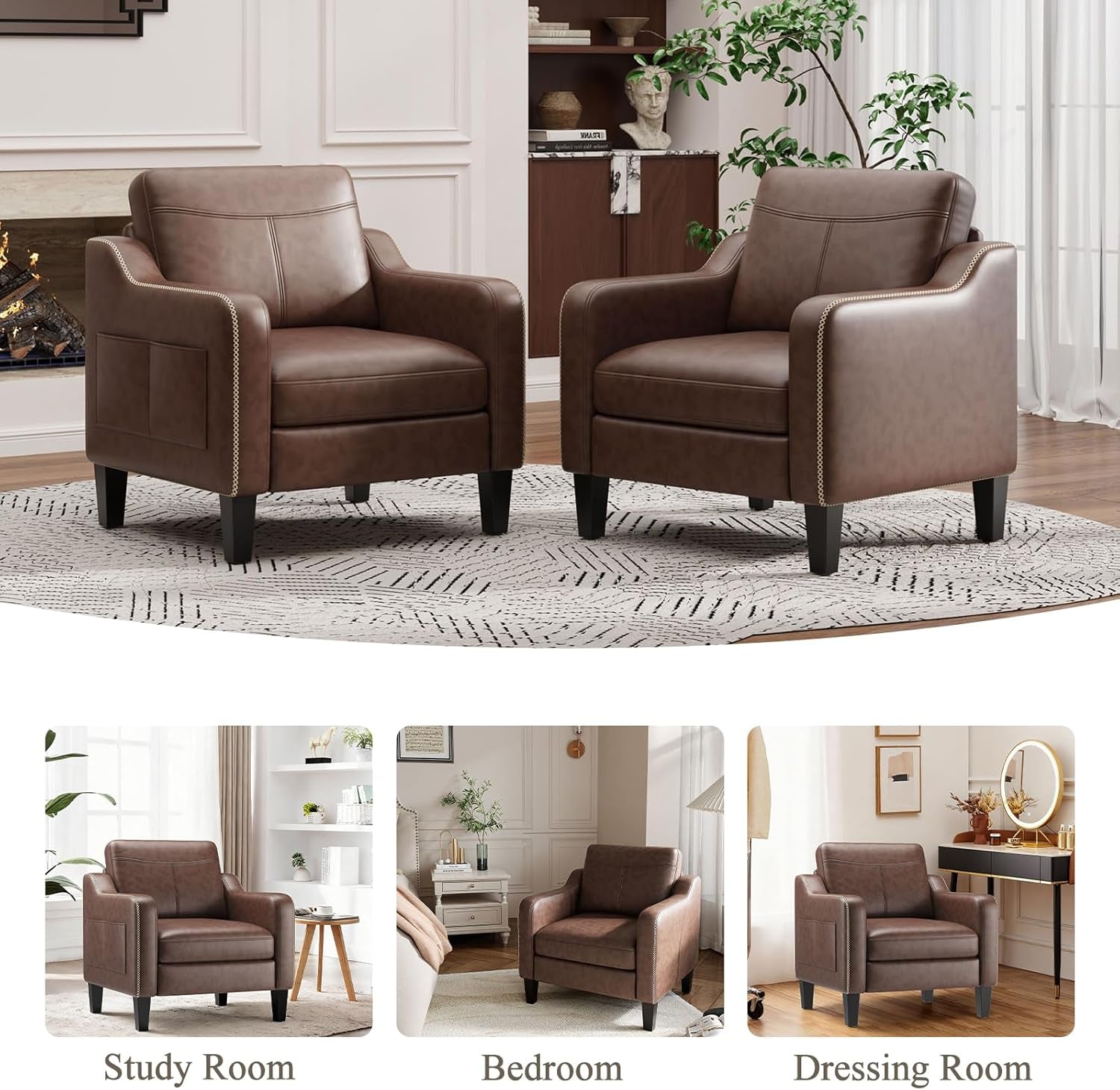 Two brown armchairs on a patterned rug in a staged living room with decorative shelving.
