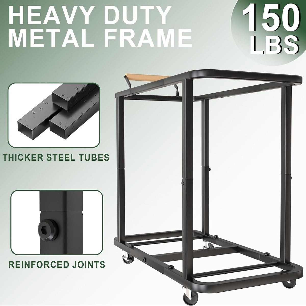Black metal support frame and base of the rolling laundry sorter showing reinforced joints and caster wheels