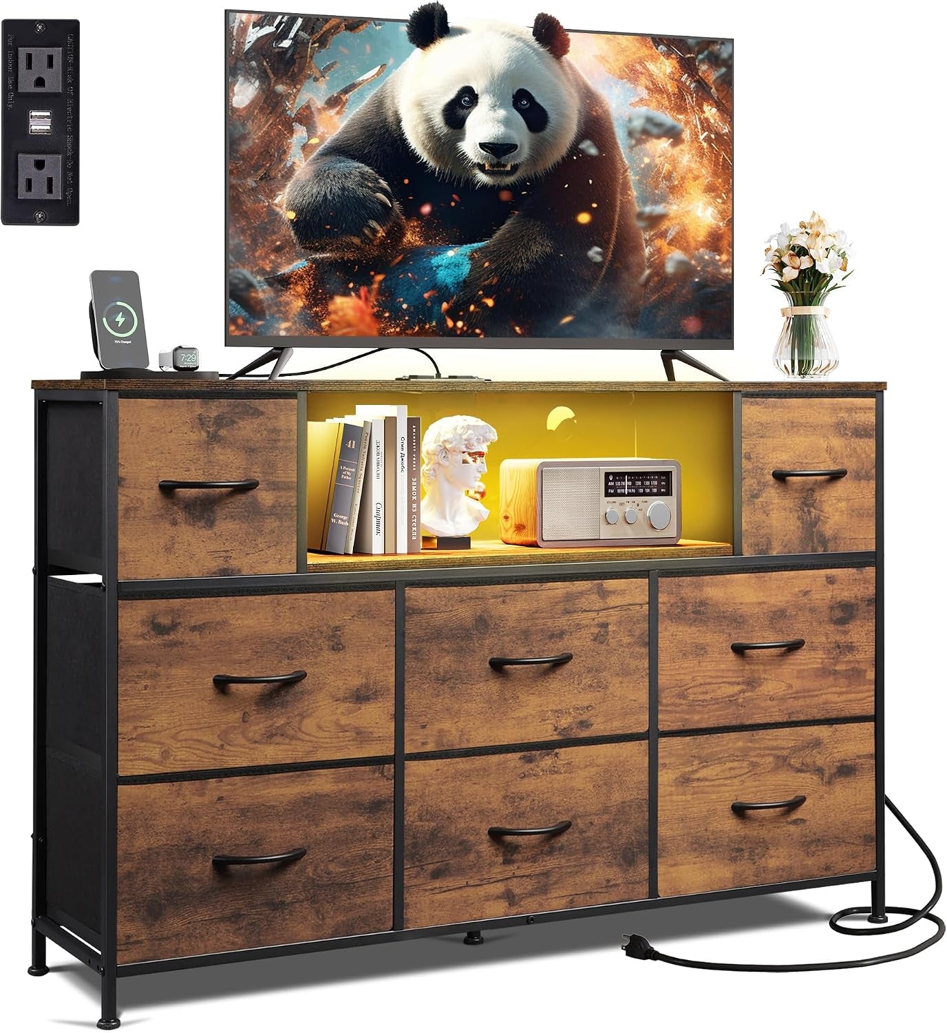 Warm brown wood-finish 8-drawer dresser with illuminated center cubby and television on top.