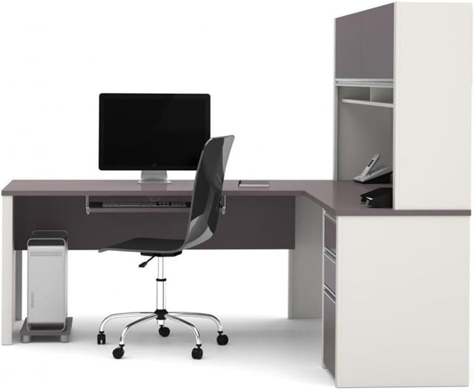 Rear view of L-shaped desk showing slate-gray modesty panel, sandstone side panels and CPU platform underneath