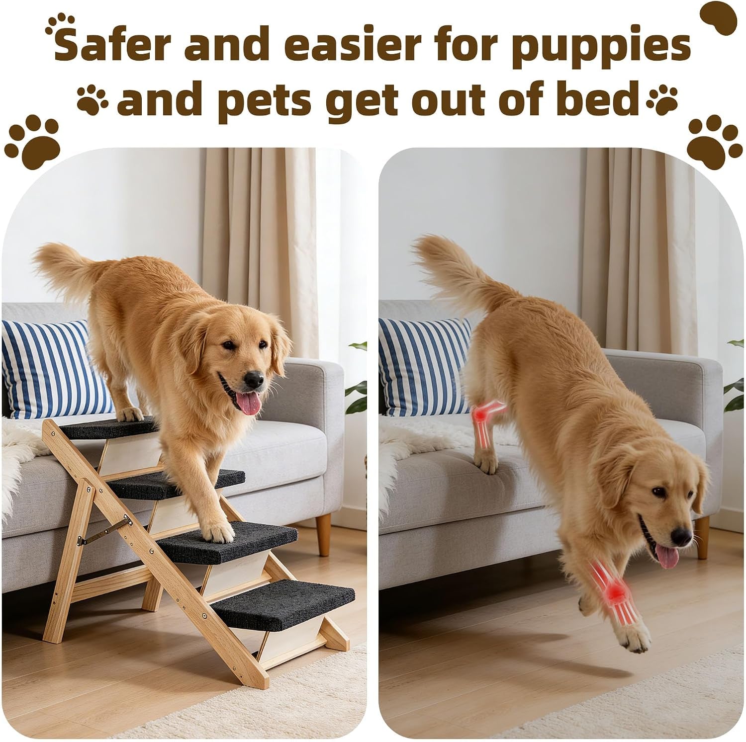 Split scene showing a dog safely using the stairs to descend from a sofa on the left and jumping off the sofa on the right