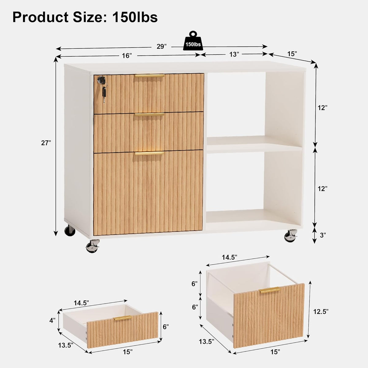 Front diagram of the mobile file cabinet showing proportions and labeled drawer size overlays