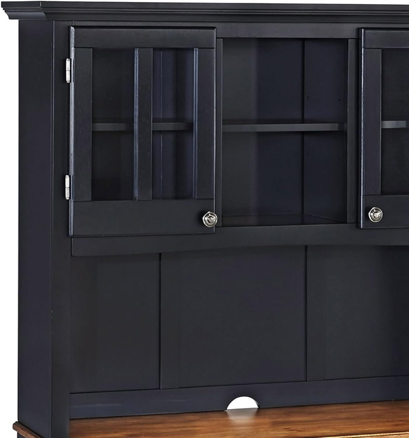 Front view of hutch top with two glass doors, open center shelf and wood countertop edge