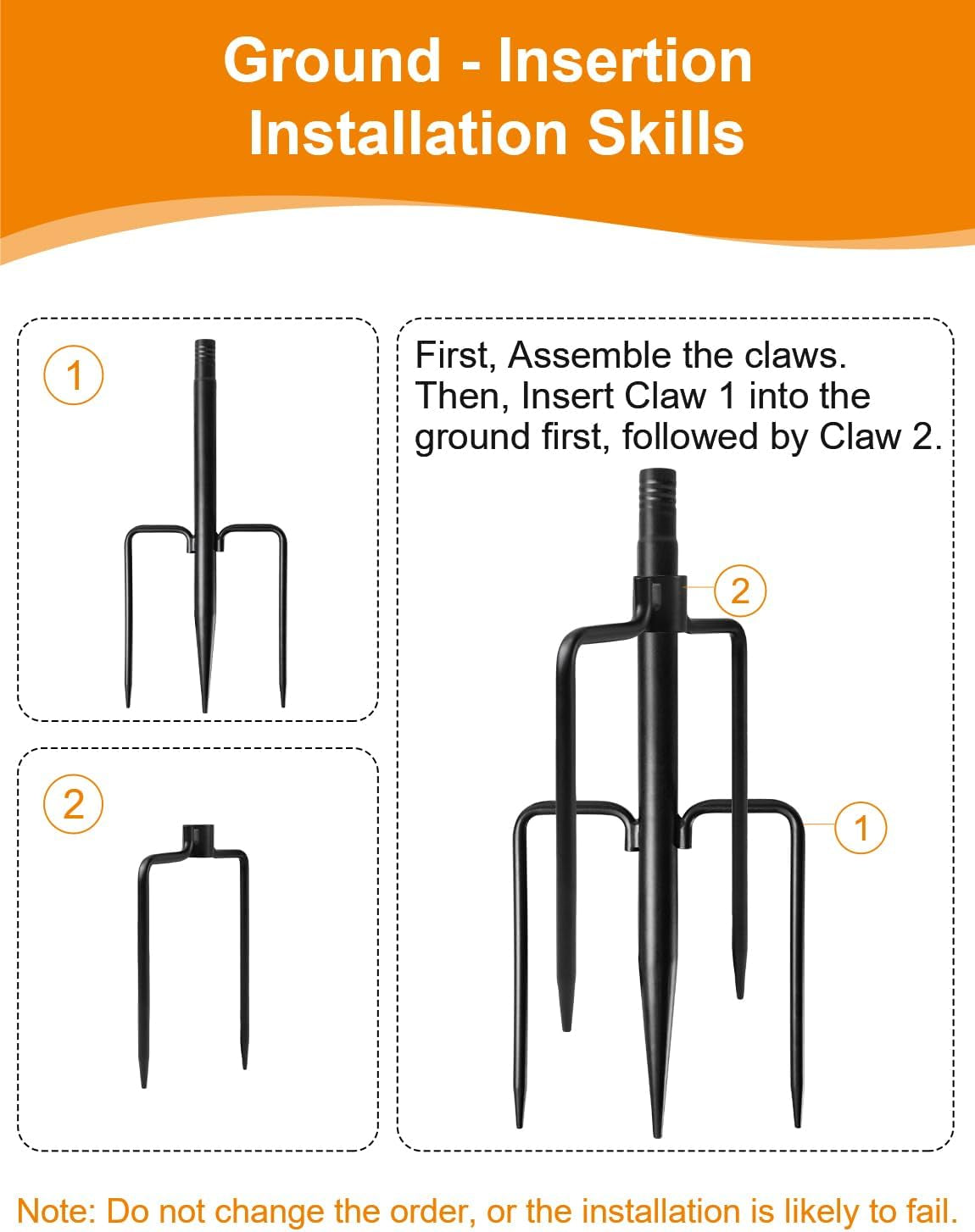 Assembly guide illustrations showing claw pieces and how to insert the forked base into the ground