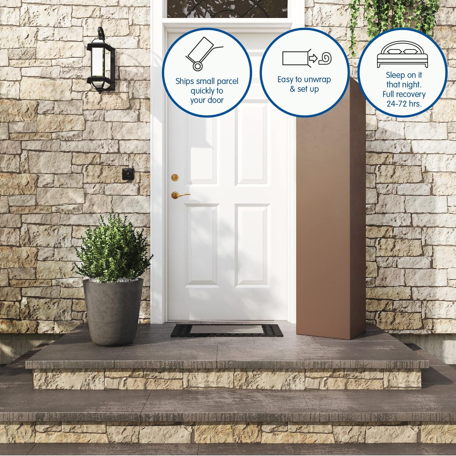 Tall narrow boxed mattress leaning against a home entry door on a stone porch.