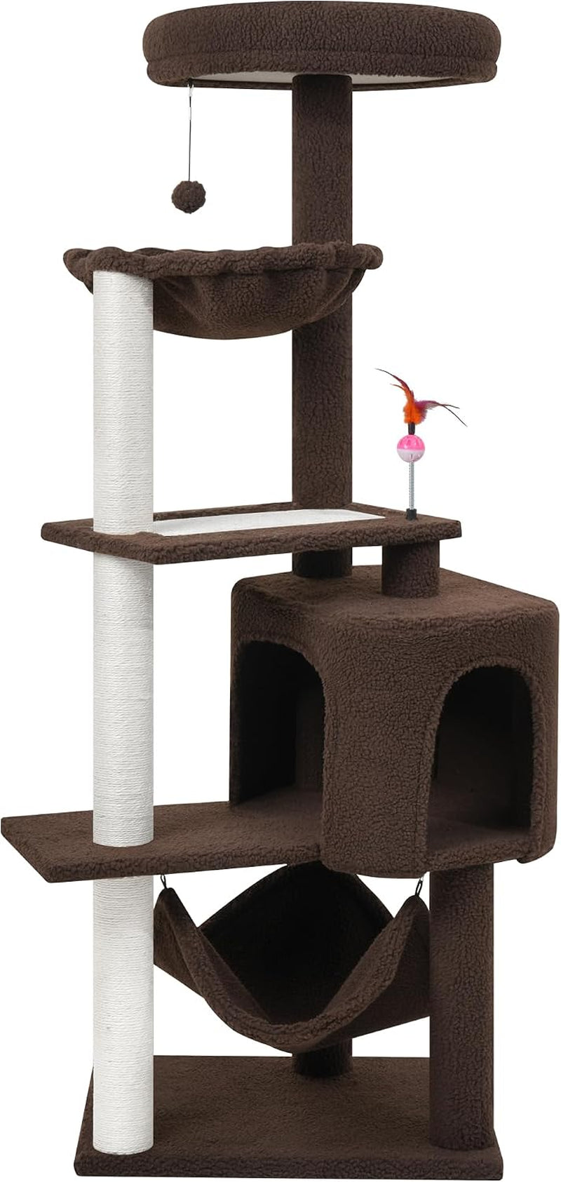 Tall brown cat tree with hammock, cube condo, top perch and dangling pom toy.
