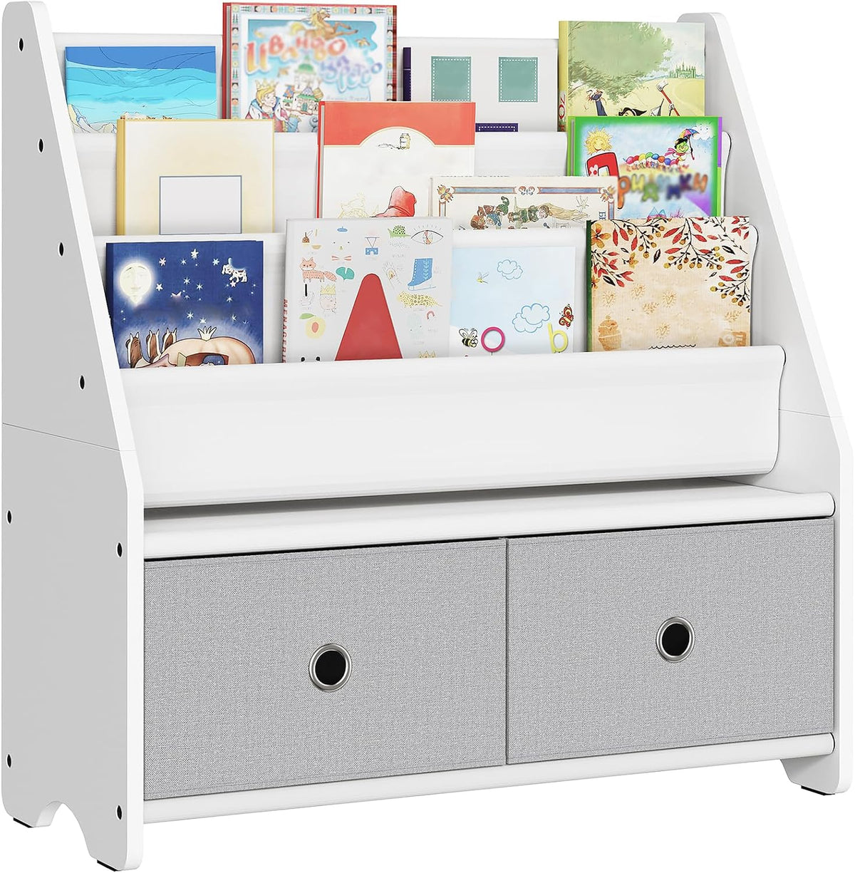 White kids bookshelf with three front-facing sling shelves filled with children’s books and two gray fabric drawers below.