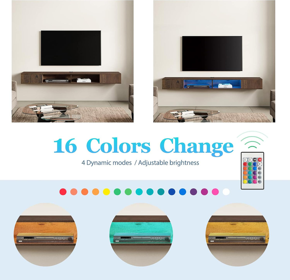 Floating TV console with a graphic showing several LED lighting colors
