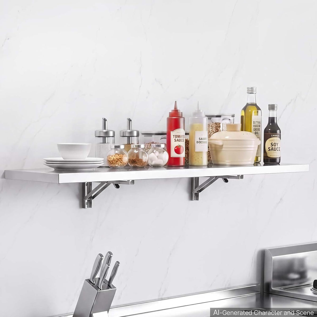 Wall-mounted stainless shelf in a kitchen holding bottles, jars and stacked dishes above a countertop and knife block.