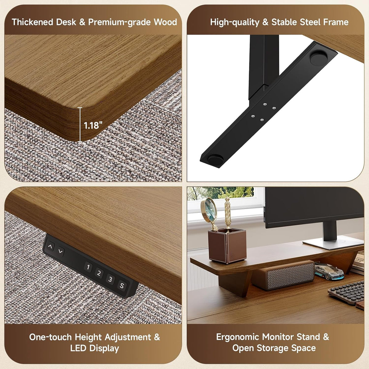 Close-up details of oak brown desk edge, black steel leg, one-touch control panel and raised monitor stand