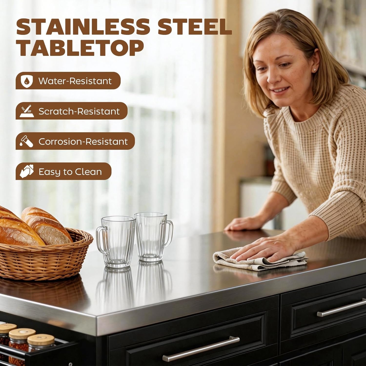 Close-up of stainless-steel countertop being wiped, showing smooth reflective surface and top-drawer fronts