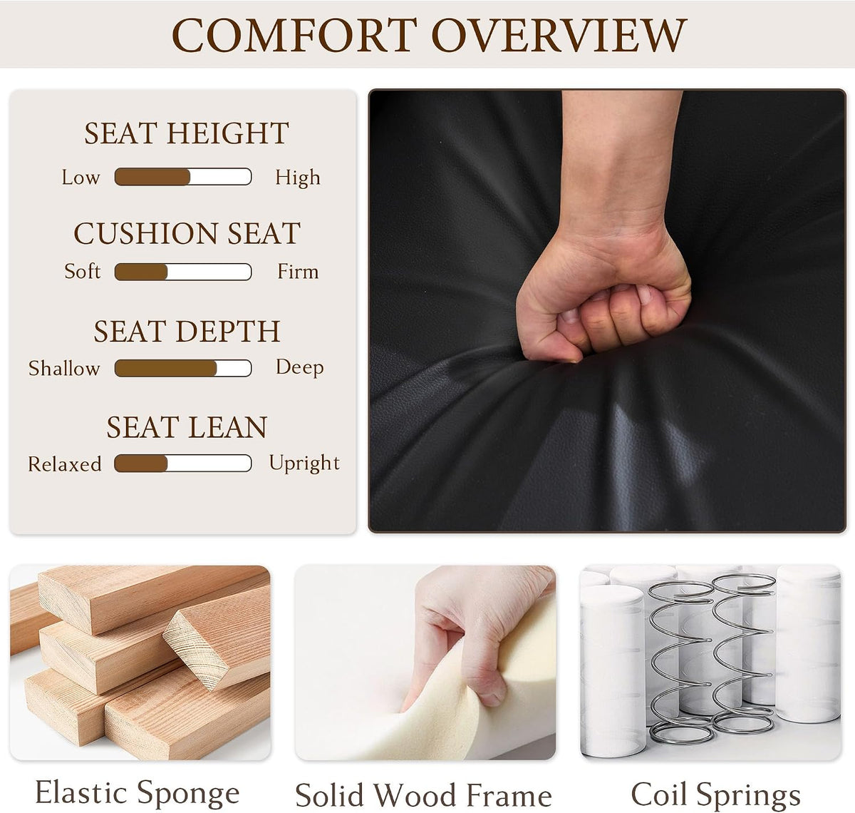 Hand pressing tufted black seat to show cushion give, with small wood, foam, and spring icons below.
