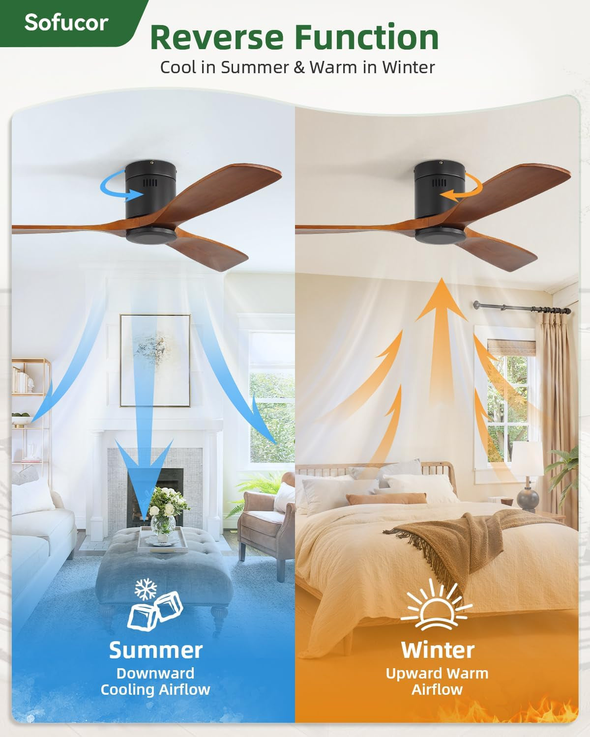 Split-view graphic showing the fan reversing airflow for summer downward cooling and winter upward warming
