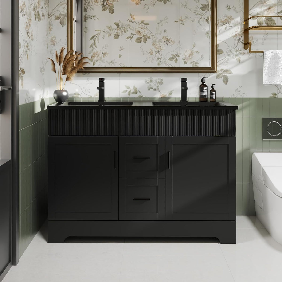 Front view of a black double-sink vanity with fluted wave front, two black faucets and dark cabinetry.