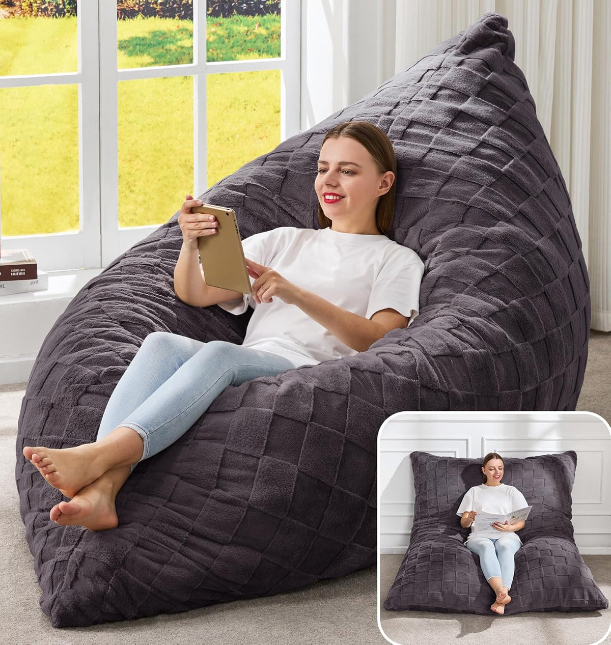 Woman seated in a deep charcoal textured bag chair in a bright room, inset shows flattened sofa position.