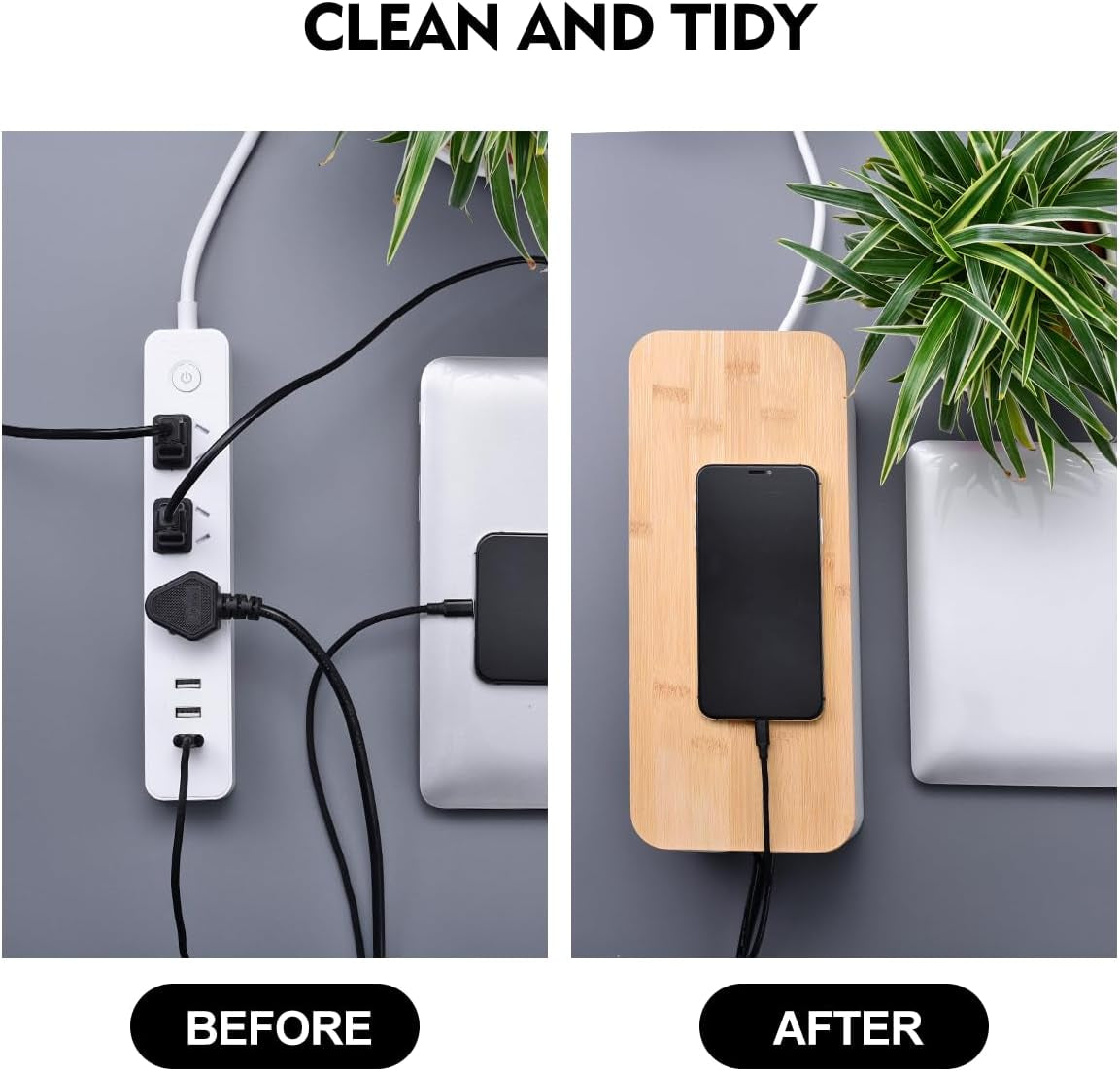 Before and after comparison showing loose cords on the left and a white cable box with bamboo lid on the right for a tidy top