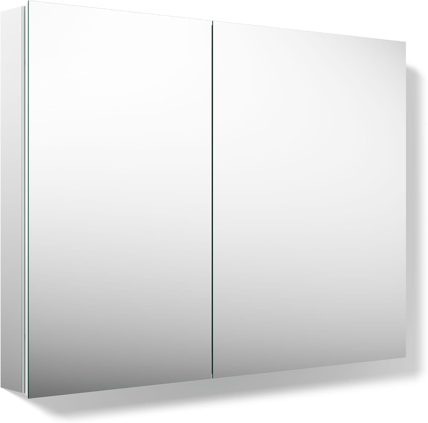 Full-frontal studio view of a two-door frameless mirrored medicine cabinet with a center seam and soft drop shadow.