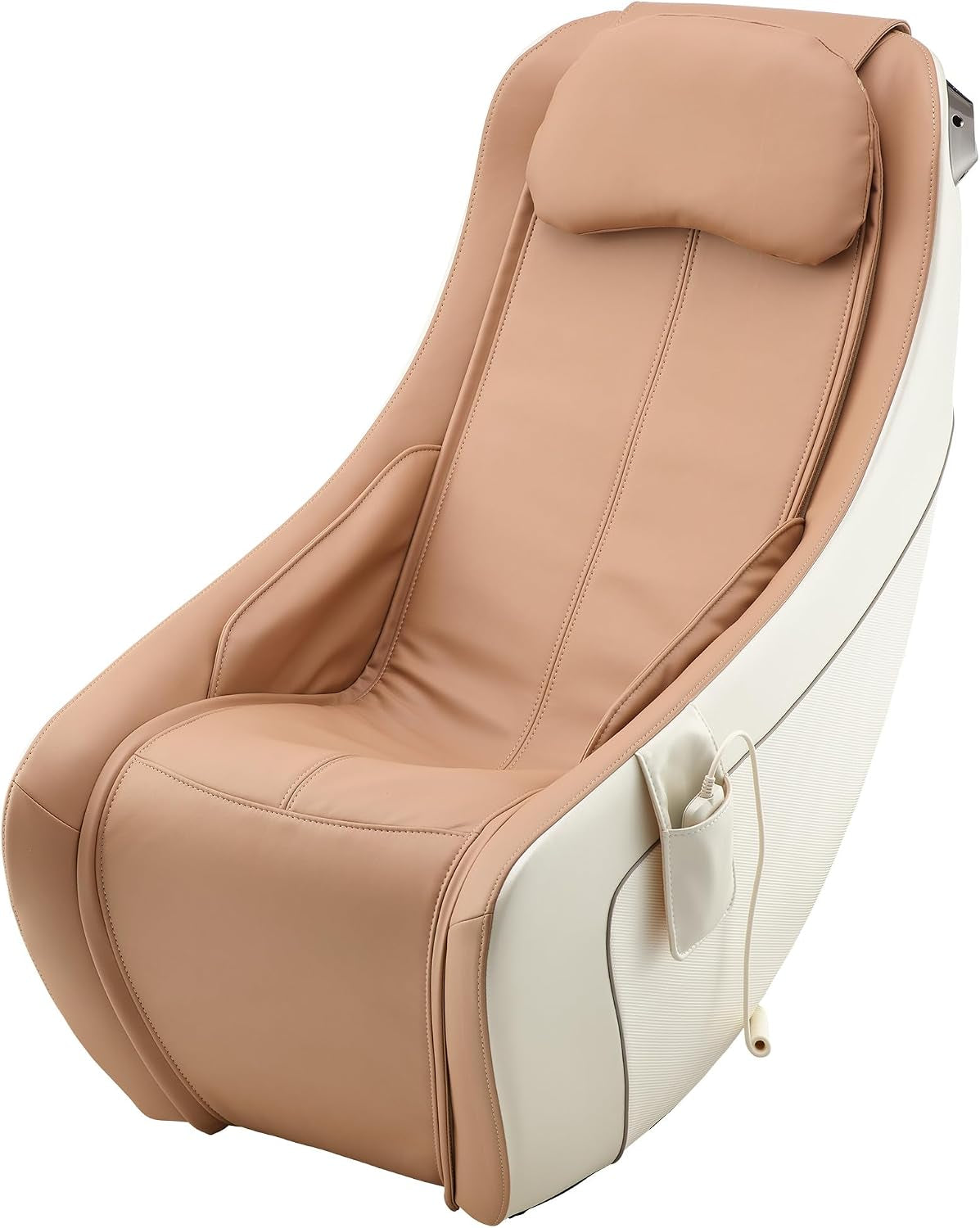 Three-quarter view of beige massage chair with remote pocket and tan upholstered seat