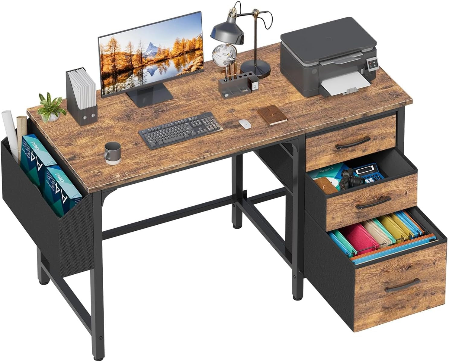 Rustic wood-finish desktop with black frame and fabric-drawer fronts, shown with office accessories and printer.